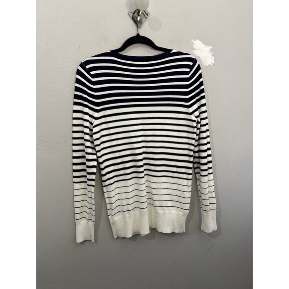 White House Black Market V Neck Striped Navy And White Nautical Sweater Blouse M - Picture 6 of 11